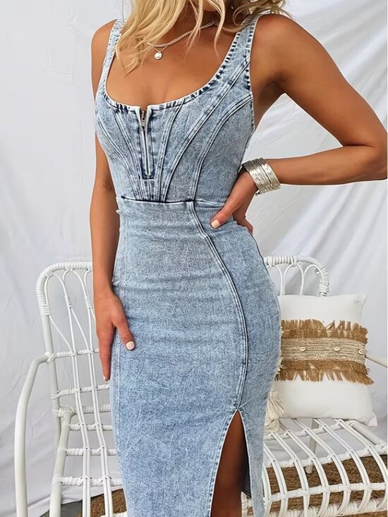 Amazon Dresses & Skirts - jean stretch denim bodycon zipper sleeveless u neck tank dress